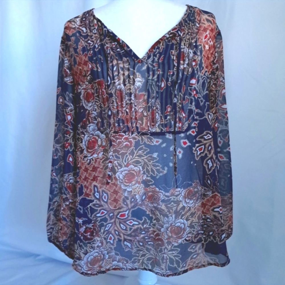 Chico's Sheer Navy Blue Floral Print Longsleeve Tie-Front Boho Tunic Top